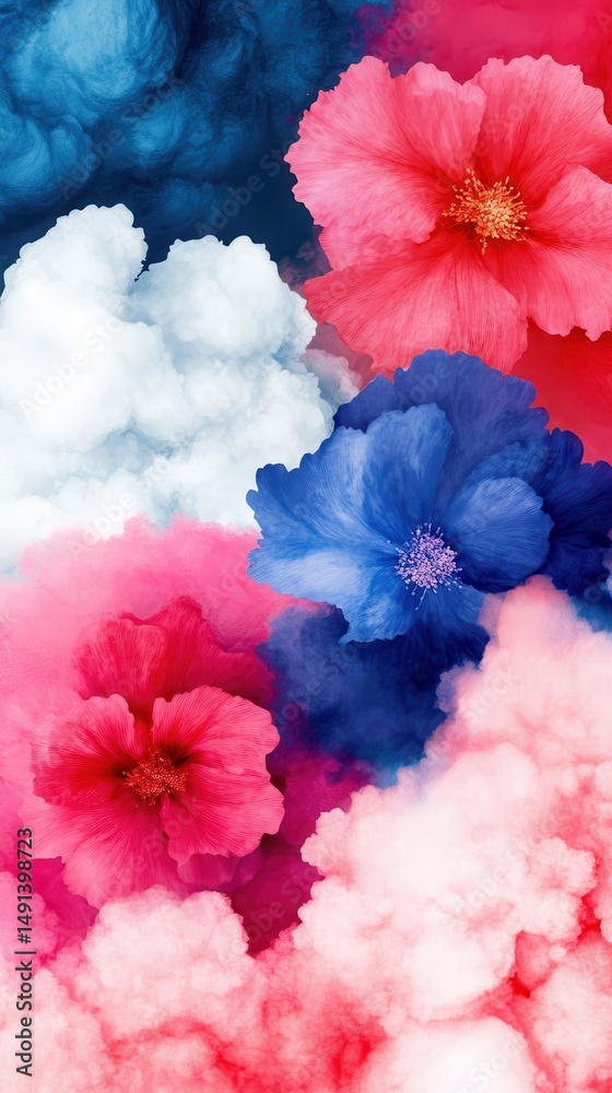 Fototapeta premium Whimsical Red Pink Blue Floral Background: Lush Smoky Color Blend in Vibrant Flower Arrangement
