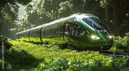 Sleek, dark-green high-speed train glides through a lush, sun-dappled forest, surrounded by vibrant green foliage