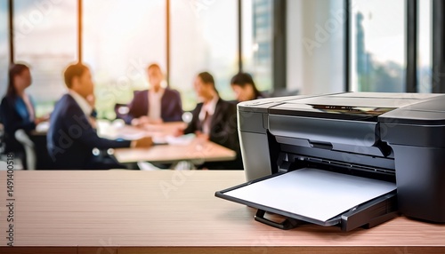 modern office printer on desk with blurred background meeting