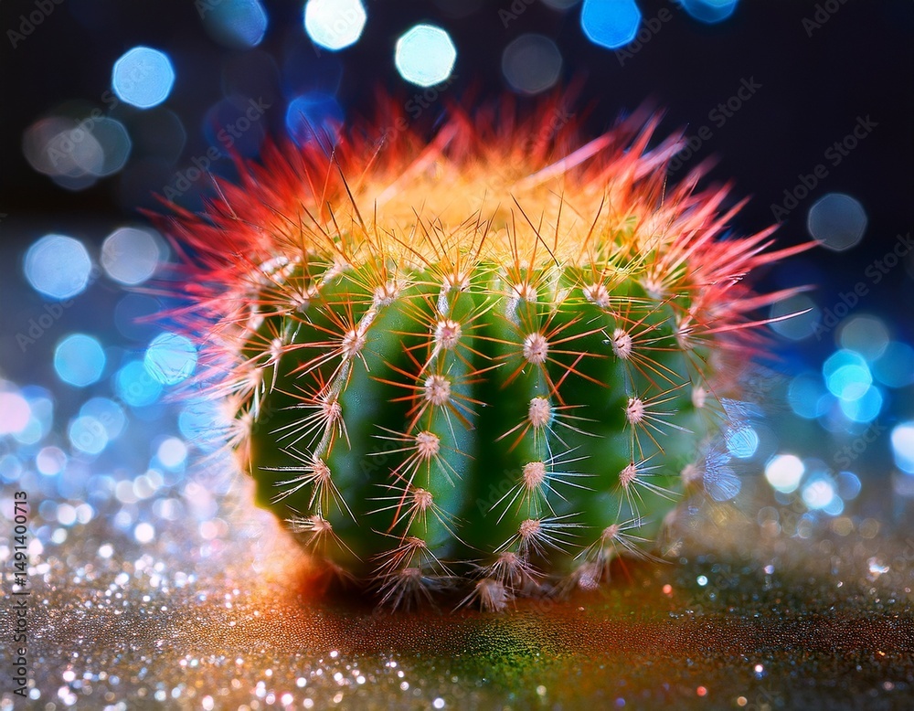 Obraz premium unique cactus with vibrant colors resting on soft sparkling surface