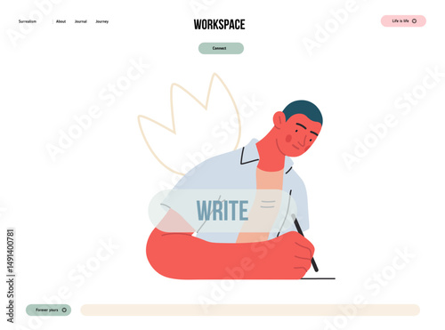 Writing people, modern flat vector concept illustration- sitting woman thoughtfully writing on paper, bubble near head Metaphor for reflection, personal insight, contemplation, creative expression