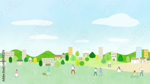 People's life in the city. Illustrated background of town, buildings and sky. Motion graphic. Loop video.（TF_004）
