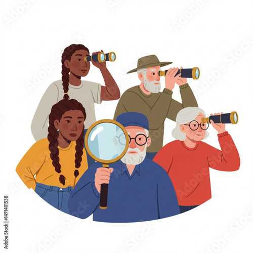 Group of People Spying and Observing with Magnifier and Binoculars Vector Illustration
