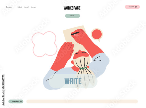 Writing people, modern flat vector concept illustration- sitting woman thoughtfully writing on paper, bubble near head, top view. Metaphor for reflection, insight, contemplation, creative expression
