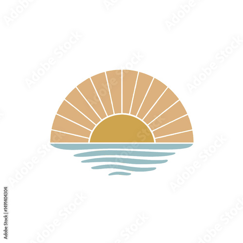 Minimalist Sunset Over Ocean Boho Aesthetic Illustration