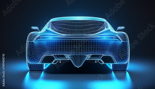 detailed 3d wireframe rendering of a blue sports car against a dark background from rear view