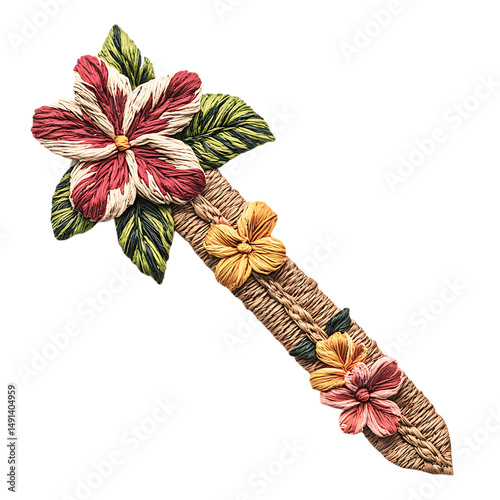 A Woven Cotton Arrow with Hawaiian Hibiscus Tropica Cross Stitched Isolated on Transparent Background