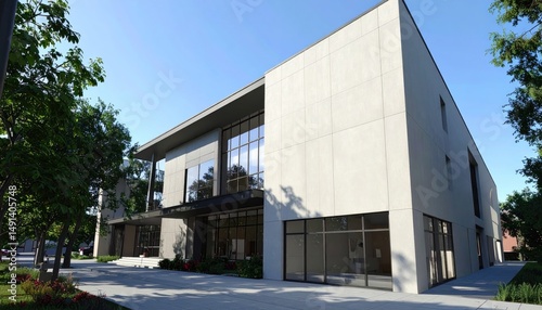 Modern Office Building Exterior on Sunny Day.