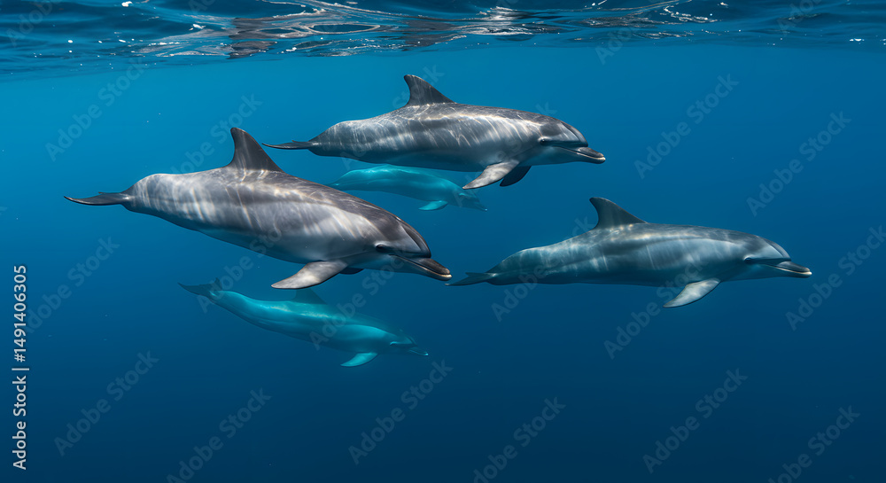 Fototapeta premium Dolphin Group Underwater Swimming Together