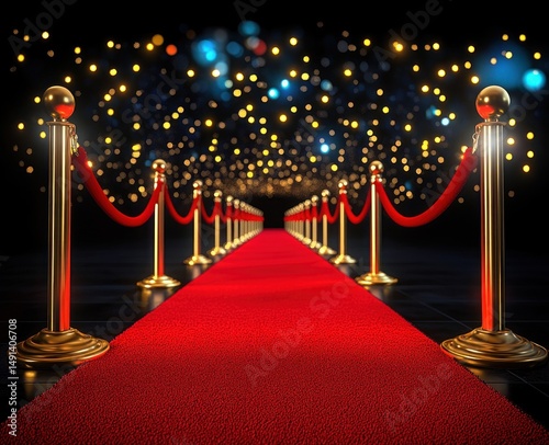Luxurious red carpet lined with golden stanchions and red velvet ropes leading into a sparkling tunnel of golden and blue lights, evoking excitement and glamour