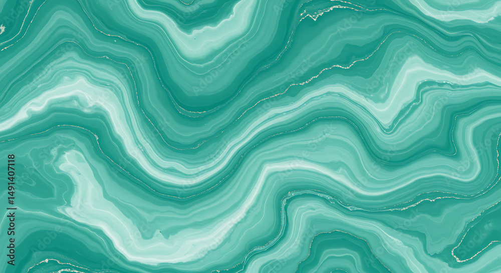Fototapeta premium Teal Green Agate Marble Pattern with Flowing Liquid Waves and Silver Glitter Texture