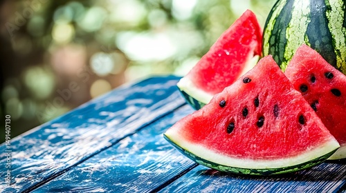 Juicy Watermelon Slices on Rustic Blue Wood