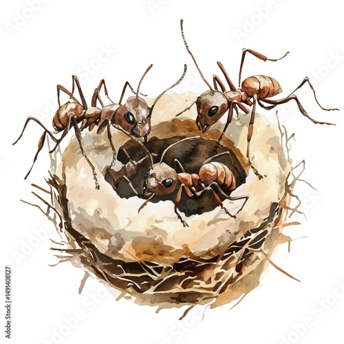 watercolor of Group Of Prehistoric Ants Building A Nest, vector high quality, isolated on a white background.