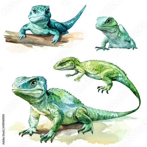 watercolor of Group Of Early Reptiles Basking In The Sun, vector high quality, isolated on a white background.