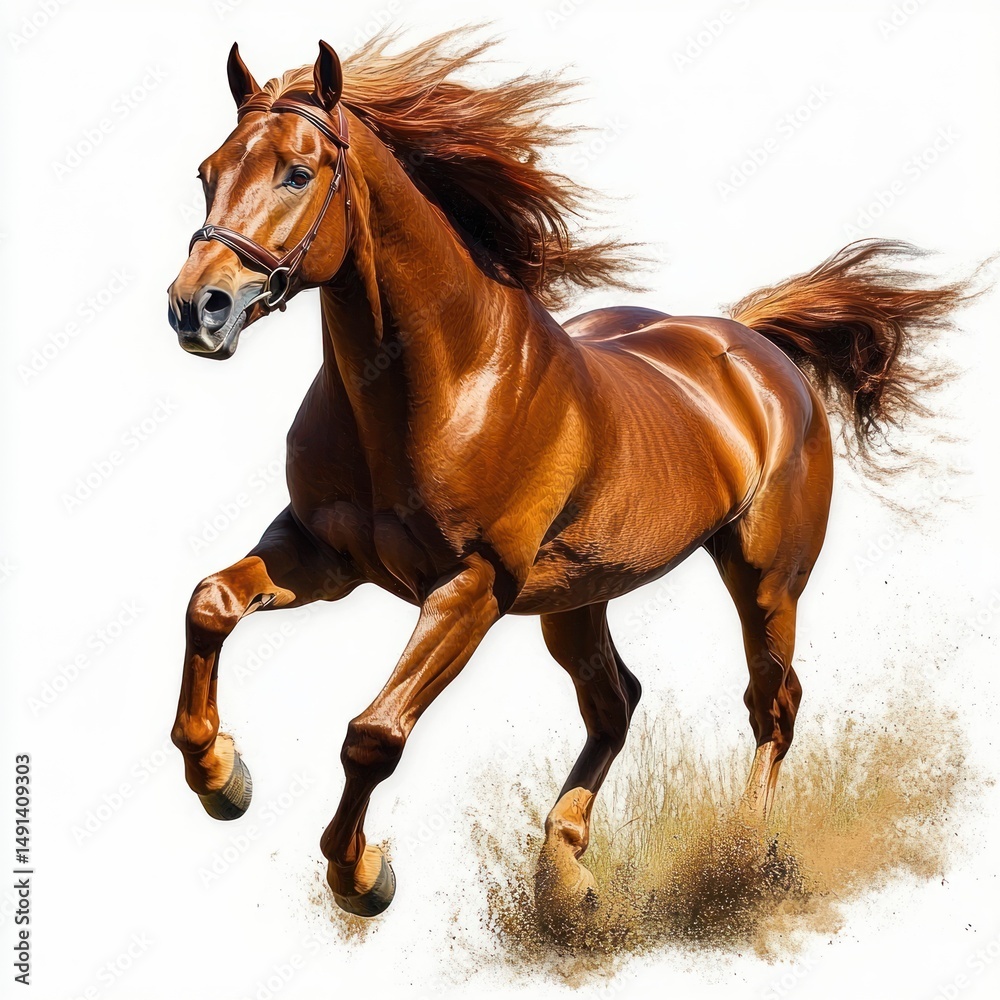 Obraz premium Powerful chestnut horse galloping energetically with flowing mane and tail kicking up dust on a white background