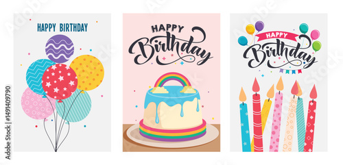 Happy birthday greeting clipart poster set. Birthday wishes and invitation card clip art with colorful balloons, cake and candles drawing party elements collection vector illustration. 
