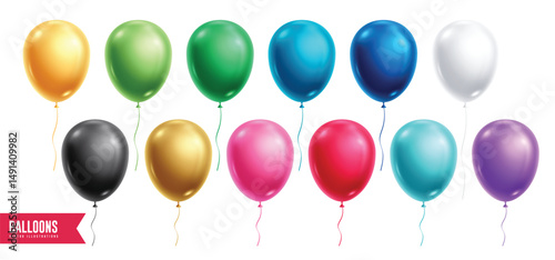 Birthday balloons colorful clipart set. Balloon floating elements glossy clip art in colorful inflatable object collection for party anniversary decoration vector illustration. 
