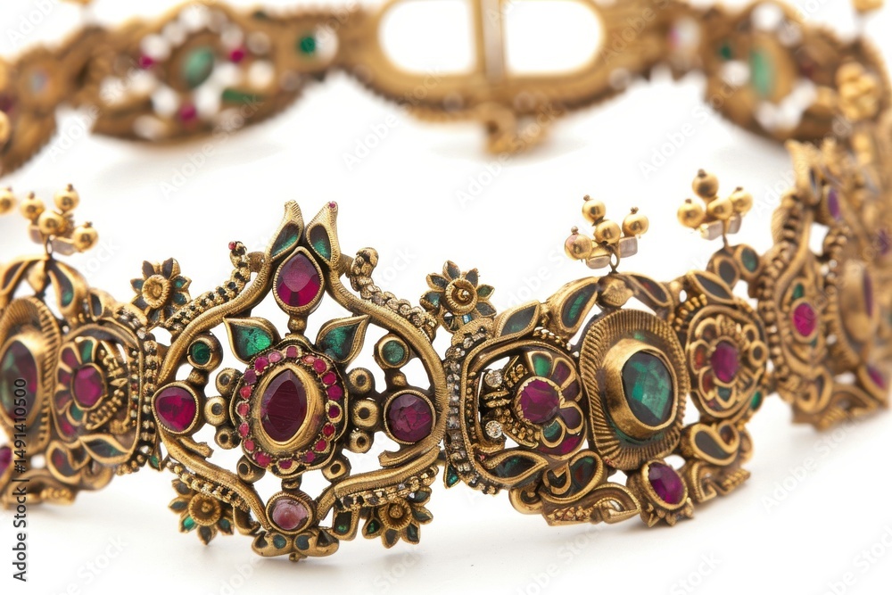 Fototapeta premium Ornate antique gold Indian choker kundan work ruby emerald details distracting elements due to intense detail.