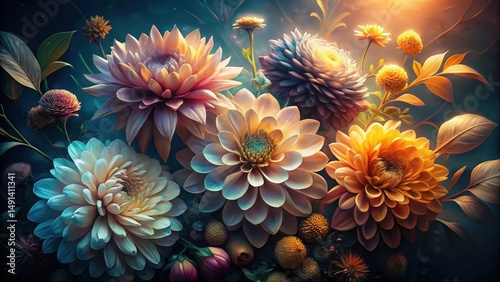 An Enchanting Arrangement of Vivid Autumnal Blooms, Illuminated by a Soft, Golden Light, Displaying a Profusion of Delicate Petals and Lush Foliage