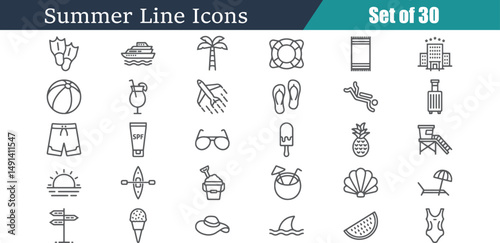 Summer Line Icons Set: A curated collection of 30 minimalist line icons, embodying the essence of summer in elegant simplicity. Perfect for design and content.