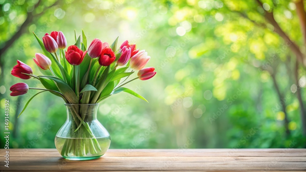 custom made wallpaper toronto digitalA vibrant bouquet of spring tulips in a clear glass vase, sitting on a rustic wooden surface, with a blurred natural background showcasing a tranquil outdoor setting.