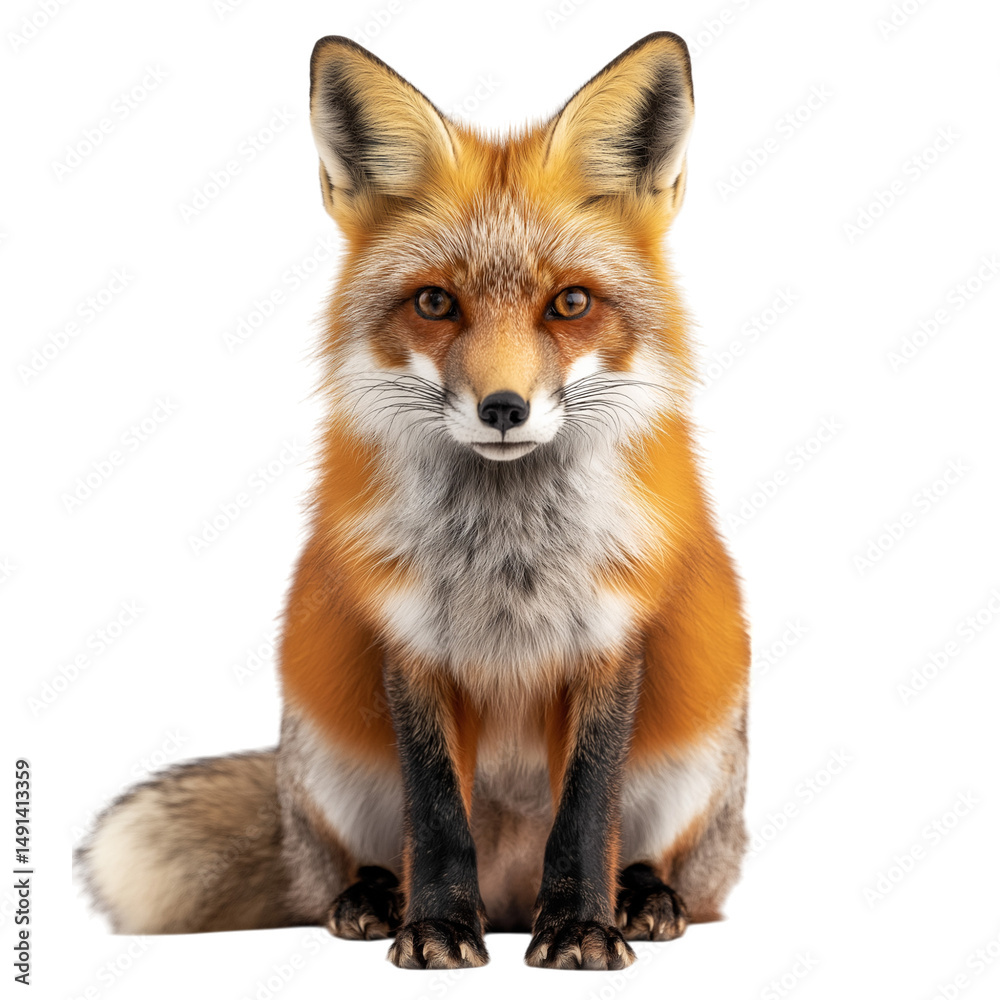 Fototapeta premium Front view of a red fox isolated on white background, realistic close-up showcasing vivid fur color and sharp facial features, perfect for wildlife, nature, predator, and forest animal concepts