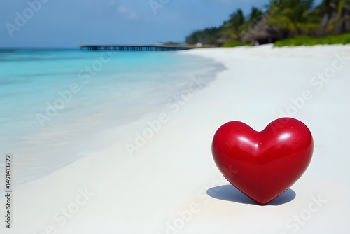 Red Heart on Tropical Beach Summer Love Vacation