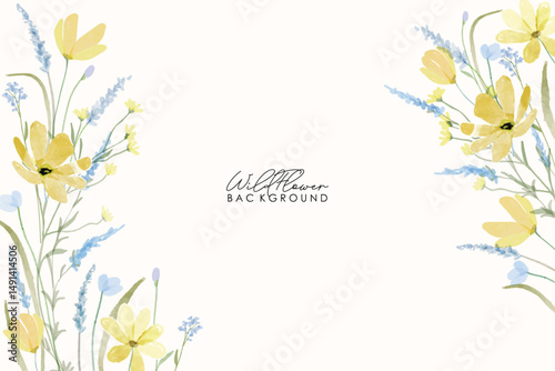 Spring yellow and blue wildflowers watercolor botanical frame background. Spring and summer Background watercolor arrangements with small flower. Botanical illustration minimal style.
