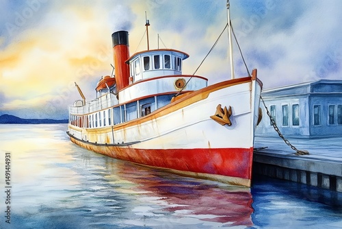 A vibrant watercolor painting of a vintage steamboat docked, reflecting beautifully on the water at sunset.
