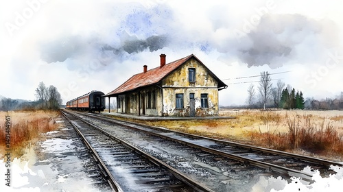 An old train station surrounded by fields under a cloudy sky, capturing a moment of nostalgia and travel.