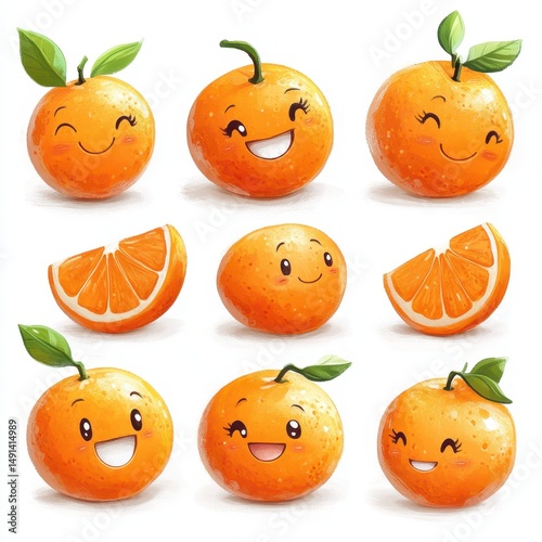 Smiling Cartoon Style Oranges: Playful and Colorful Fruit Illustrations