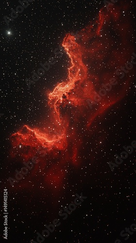 Fiery red nebula swirls across a dark, star-studded sky. Cosmic dust and gas create intricate patterns