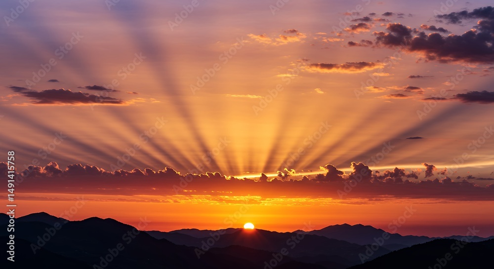 Fototapeta premium Sunset Over Mountains with Dramatic Light Rays