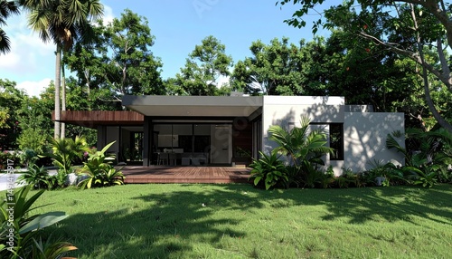 Modern tropical home Minimalist design with lush garden, and architectural beauty.