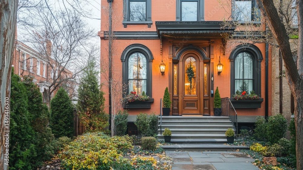 Fototapeta premium Charming Victorian Home Festive Decorated for Holiday Season