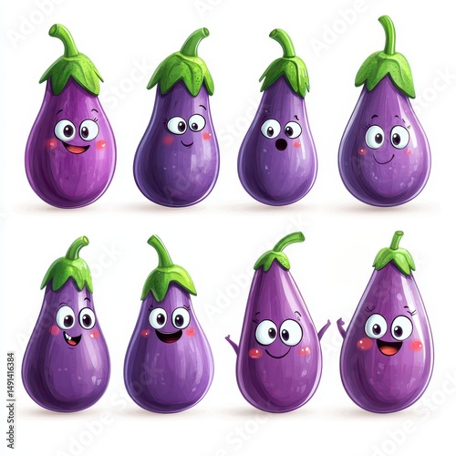 Cartoon Eggplant Characters: Whimsical Animated Vegetable Smiley Illustrations