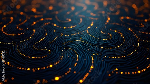 Interlocking 60-degree triangular spirals form an infinite RF circuit maze with holographic copper traces on navy substrate, ultra-HD tech texture.