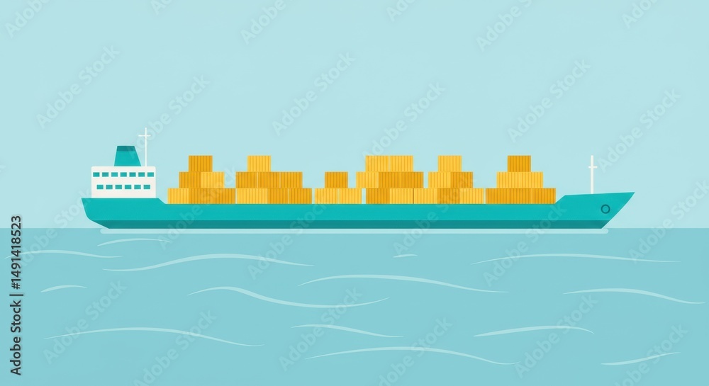 Fototapeta premium Modern cargo ship sailing across calm waters with stacked containers