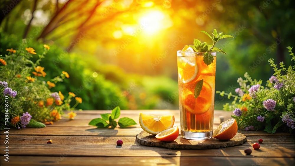 Fototapeta premium Refreshing Iced Tea with Citrus and Mint on Wooden Table in Sunny Garden