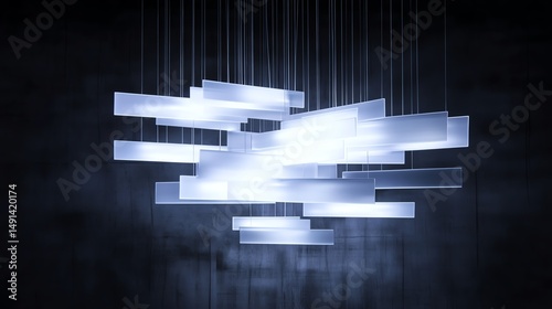 Modern minimalist chandelier illuminating a dark space with unique geometric design.