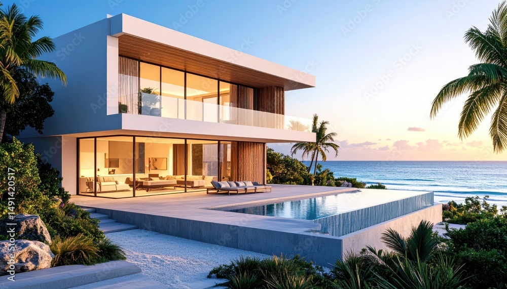 Fototapeta premium Oceanfront Oasis Modern villa by the sea with infinity pool at sunset.