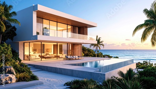 Oceanfront Oasis Modern villa by the sea with infinity pool at sunset.