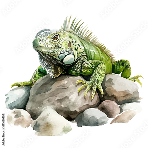 Green Iguana Resting On Rocks, watercolor vector, high quality, isolated on a white background.