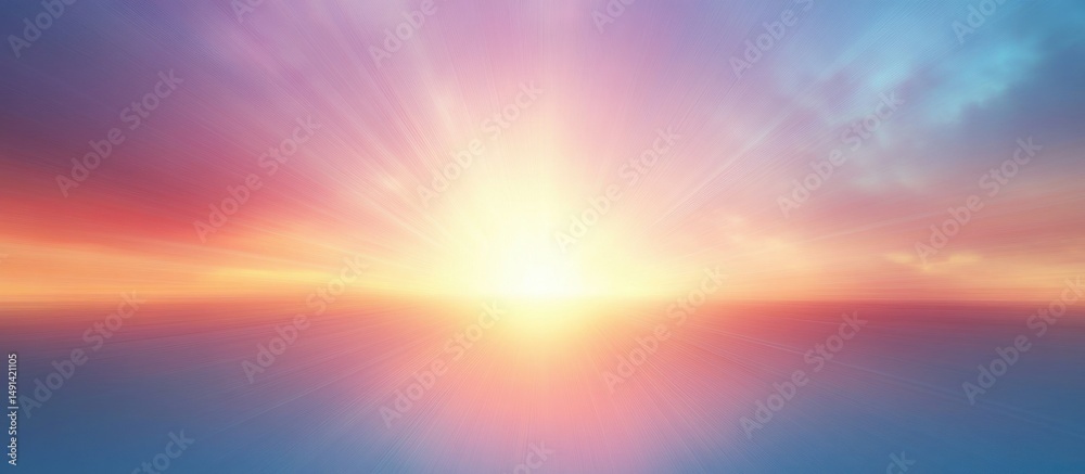 Fototapeta premium Bright sunrise or sunset over calm ocean with vibrant colorful sky radiating warm light and soft clouds