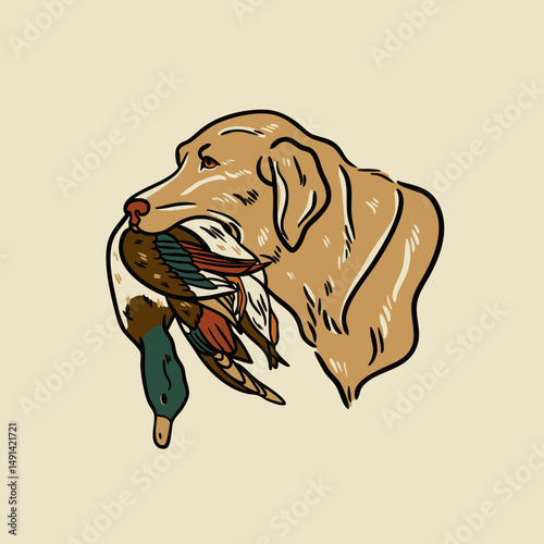 Hunting Dog illustration of a yellow laborador holding a drake mallard
