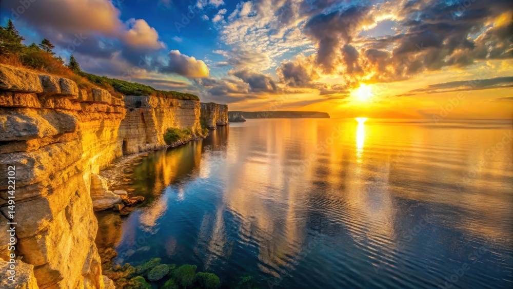 Fototapeta premium Golden Hour Serenity Dramatic Coastal Cliffs Reflecting a Vibrant Sunset Over Calm Ocean Waters