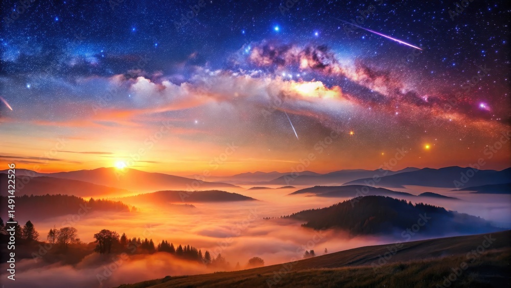 Fototapeta premium Serene Sunrise Over Misty Mountain Range with a Vivid Celestial Display Featuring Shooting Stars and the Milky Way