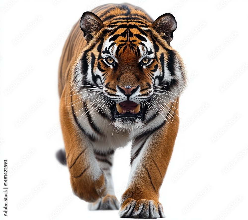 Obraz premium Close-up of a fierce tiger walking forward with intense gaze and slightly open mouth showing its teeth on a white background
