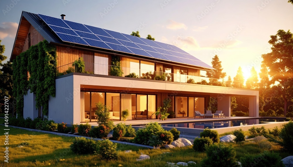Fototapeta premium EcoLuxury Solar Home with Poolside Sunset, and Modern Living.