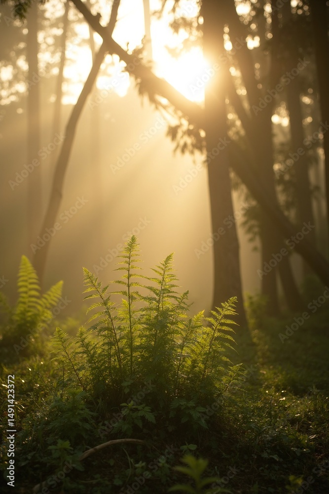 Obraz premium A view of a forest with the sun shining through the trees.